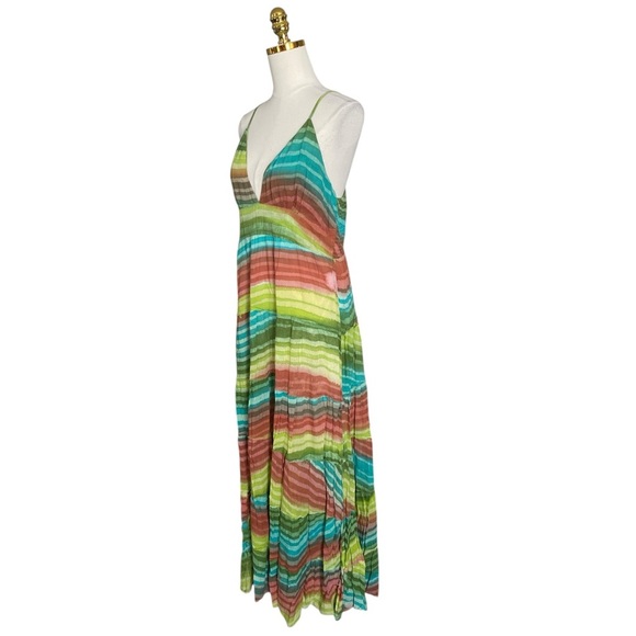 Solitaire Women Strappy Multicolor Striped Cotton Flowy Boho Tiered Maxi Dress L - Picture 3 of 9